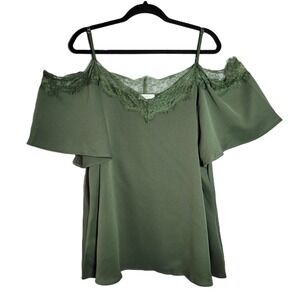 Chic Soul Womens 3XL Olive Green Lace Trim Cold Shoulder Flutter Sleeve Top